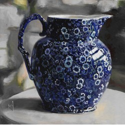 Porcelain Bloom Small Framed Oil Painting Of Still Life Blue Calico Jug