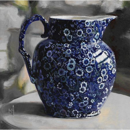 Porcelain Bloom Small Framed Oil Painting Of Still Life Blue Calico Jug